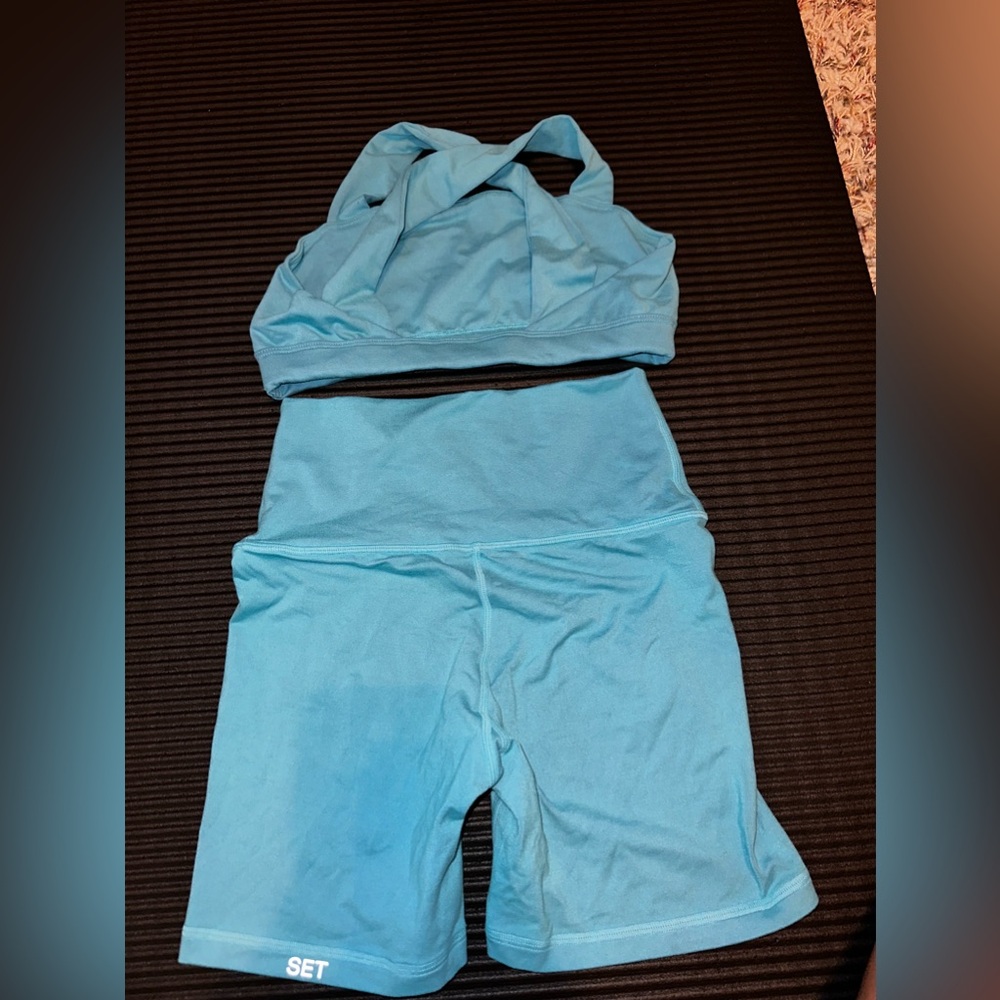 SET Active Light Blue Cross-Back Sports Bra & High-Waist Bike Shorts - Picture 2 of 4